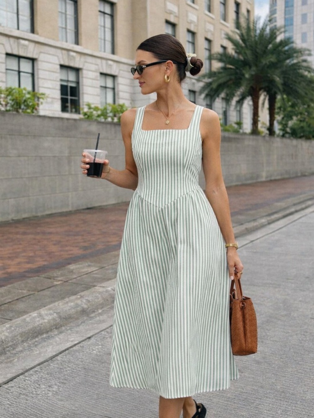 Striped midi dress light blue white boho preppy square neck v waist - Picture 4 of 6